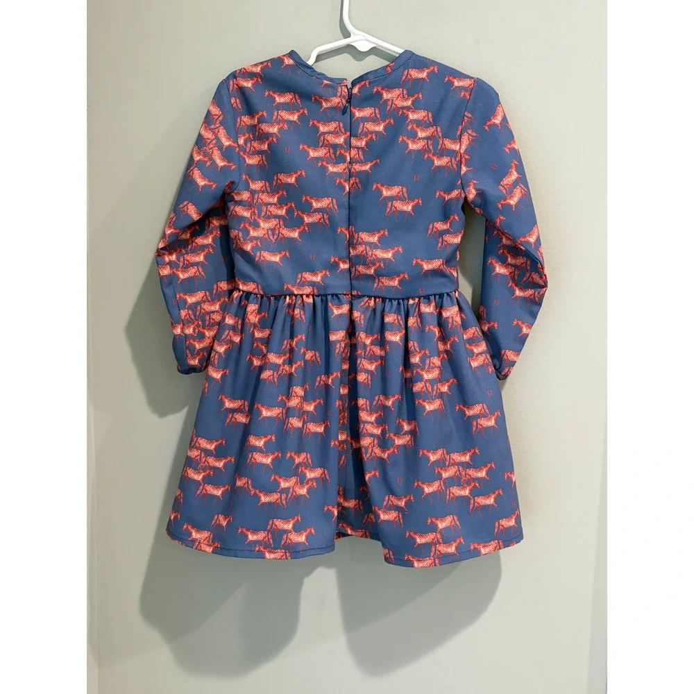 Ronner Children Blue Red Horse Print Dress Gingham Bow Long Sleeve Kids Size 8